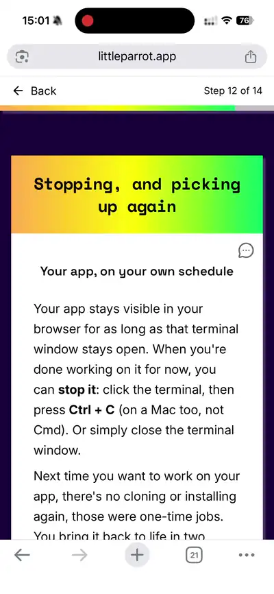 A Little Parrot course open on a phone, showing one step of a walkthrough